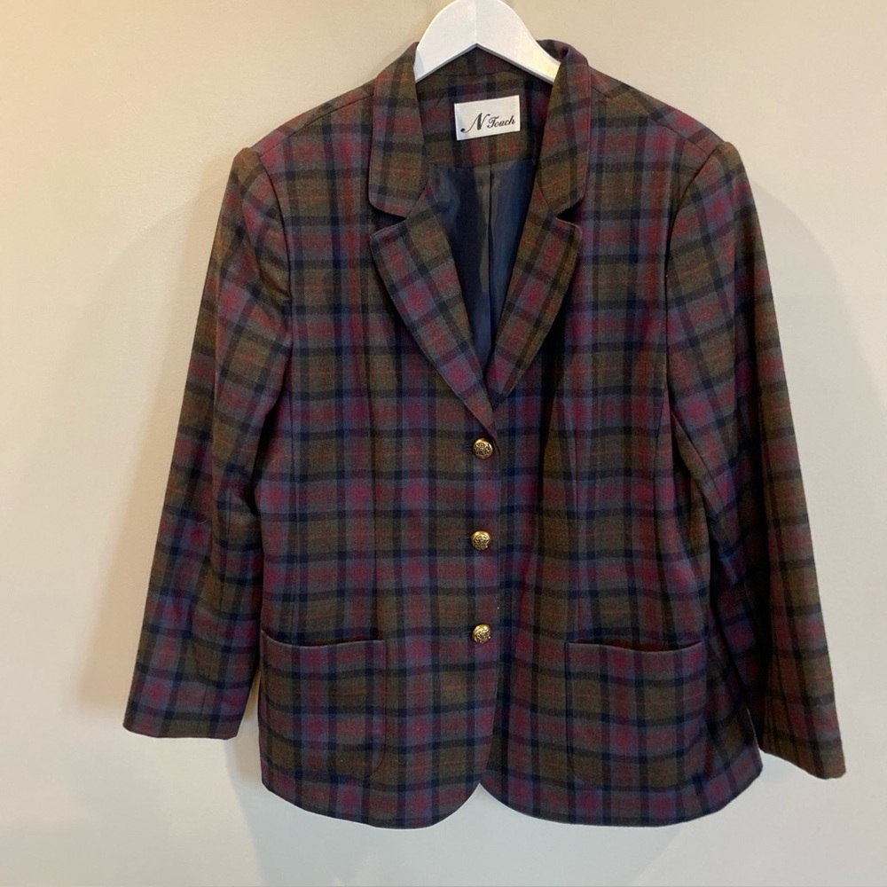 N Touch Plaid Wool Blazer Jacket Womens Size 16 Gold Buttons Pockets Vintage - Picture 1 of 6